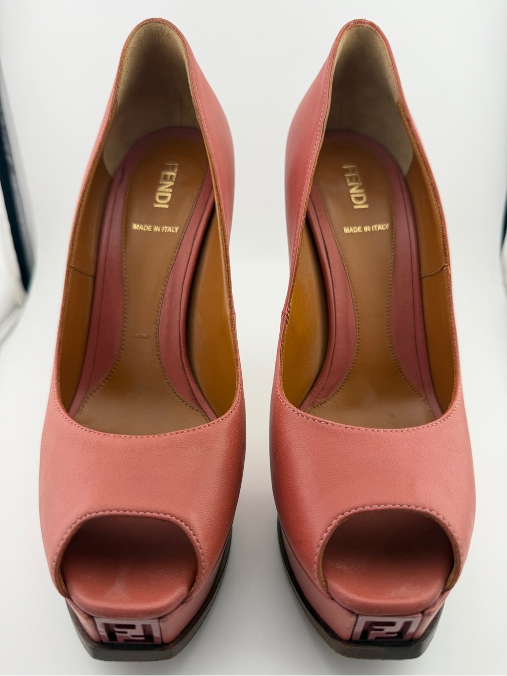 Fendi Pink Leather Fendista Peep Toe Platform Pumps